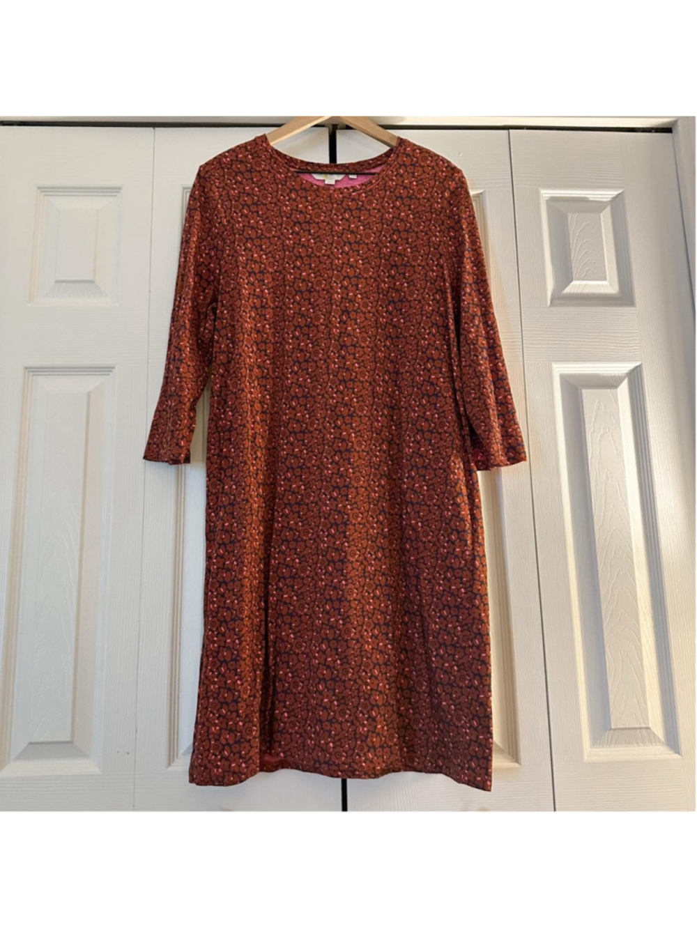 Boden brown floral print dress with small dark red floral pattern, size 14 #flor